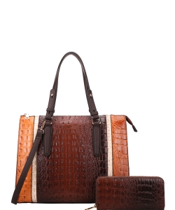 2in1 Alligator Croc Fashion Satchel Bag with Wallet CY-7187W COFFEE